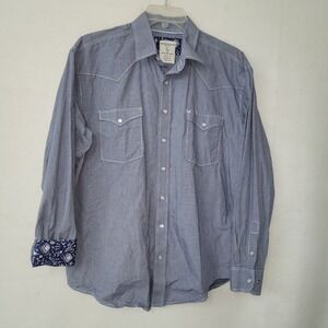 Panhandle Shirt Mens L Blue Print Rough Stock Western Pearl Snap Flip Cuff Rodeo